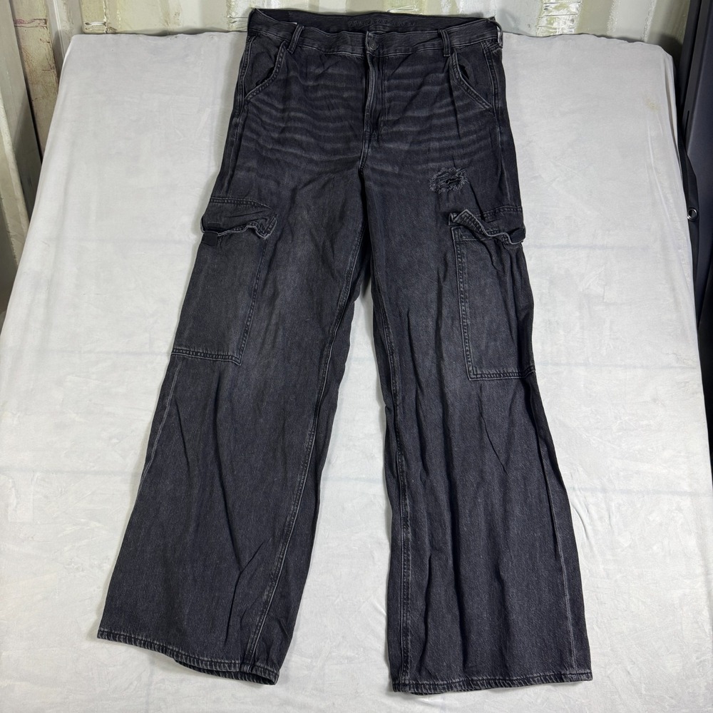 American Eagle Womens Wide Leg Cargo Jeans Black Denim Distressed Regular Fit 14